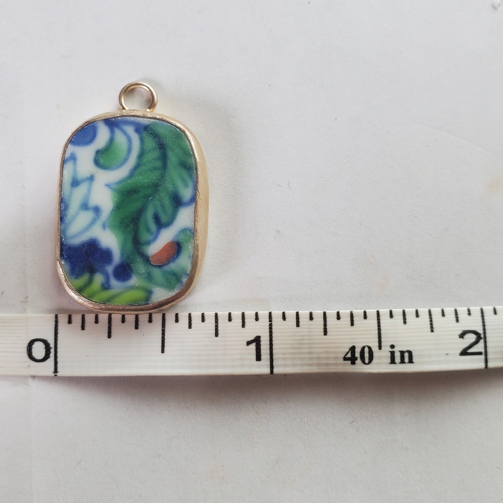 Vintage Porcelain Pottery Shard Charm Mini Pendant Blue Green Floral Paisley - Picture 8 of 10